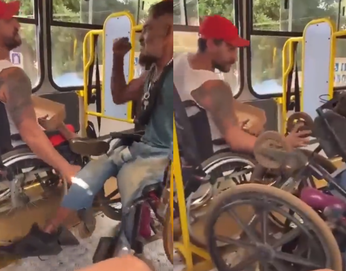 Passageiros registram briga entre dois cadeirantes dentro de ônibus