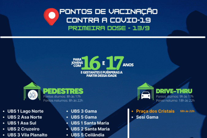 Pontos de vacinação para jovens de 16 e 17 anos nesta segunda-feira (13/9)