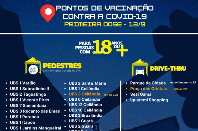 Pontos de vacinação da primeira dose para 18 anos ou mais nesta segunda-feira (13/9)