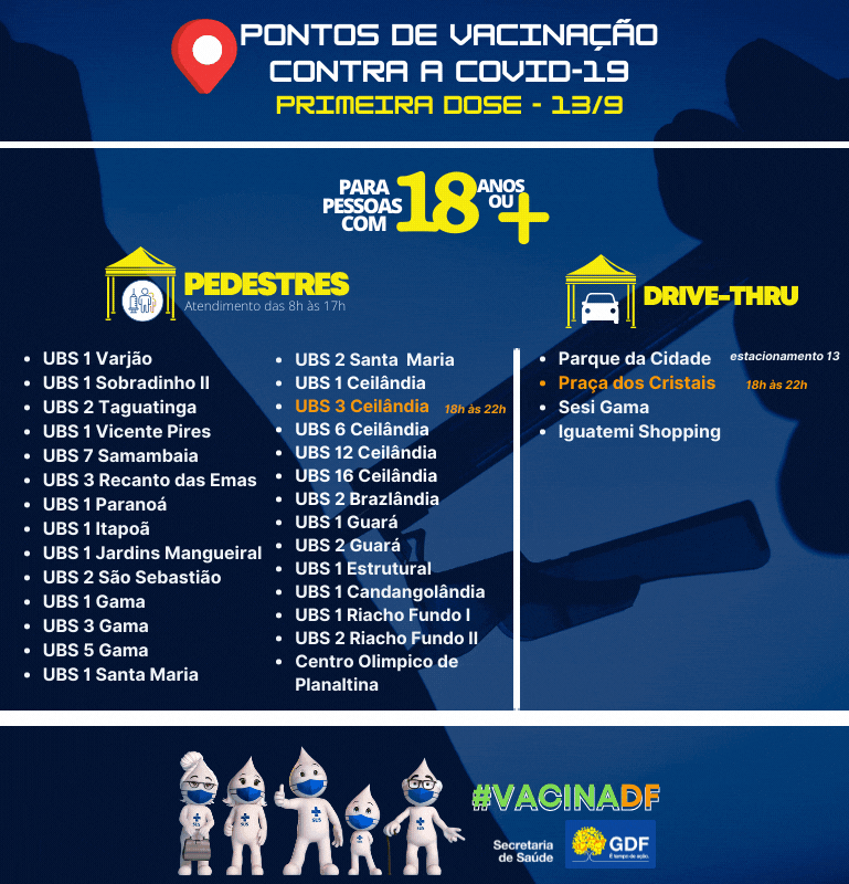 Pontos de vacinação da primeira dose para 18 anos ou mais nesta segunda-feira (13/9)