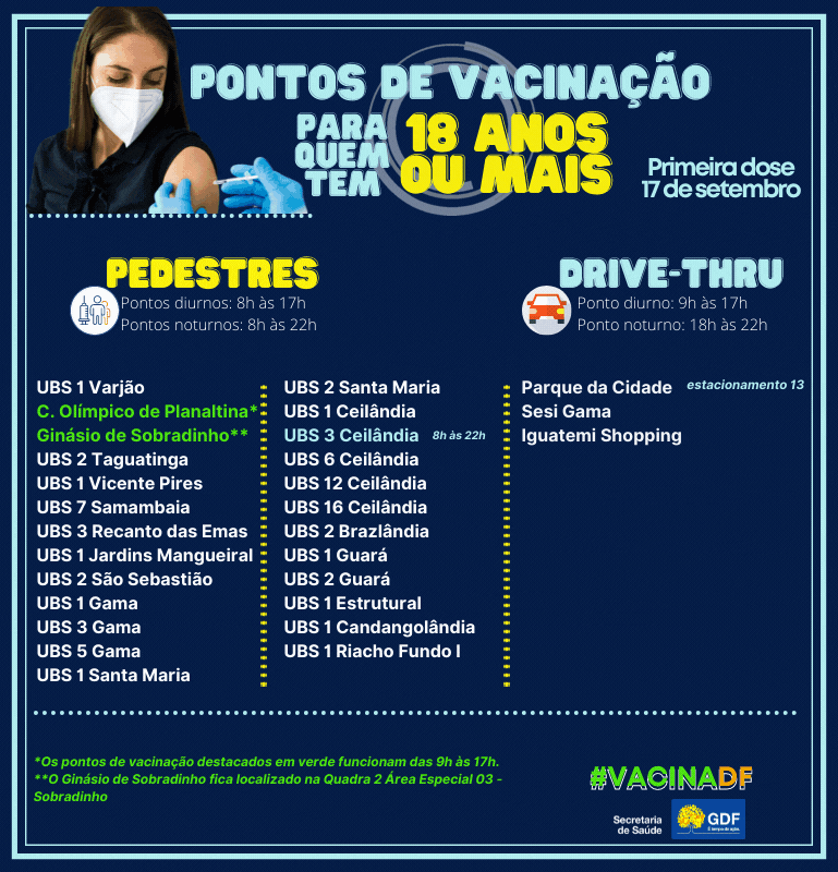 Pontos de vacina&ccedil;&atilde;o contra a covid-19 no Distrito Federal nesta sexta-feira (17/9)