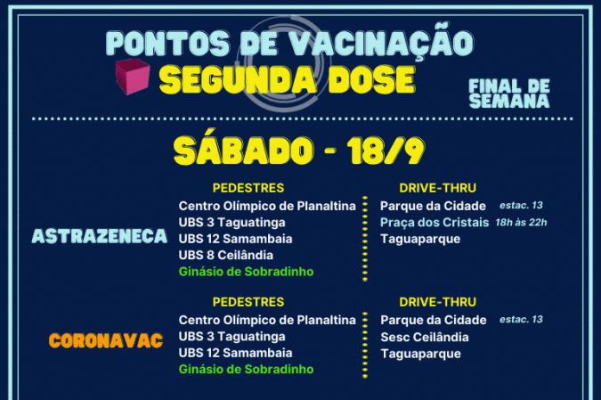 Vacinação contra covid-19 no fim de semana de 17 e 18 de setembro, no Distrito Federal