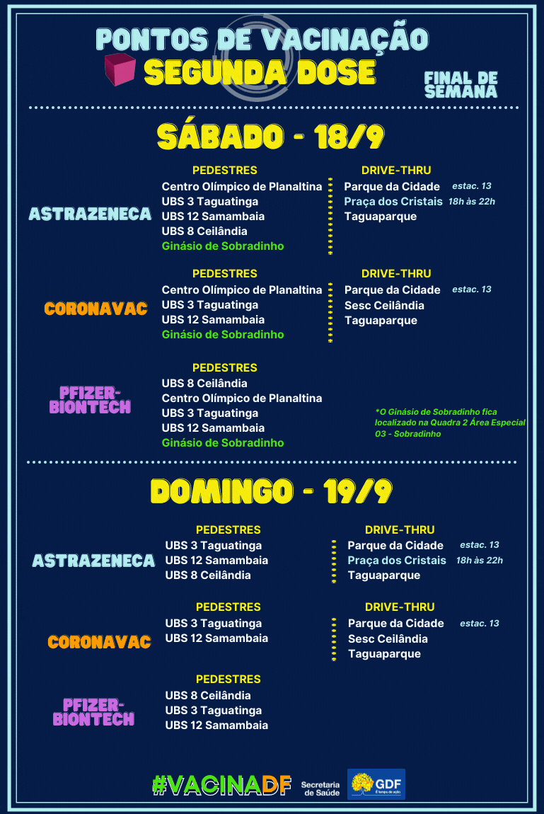 Vacinação contra covid-19 no fim de semana de 17 e 18 de setembro, no Distrito Federal