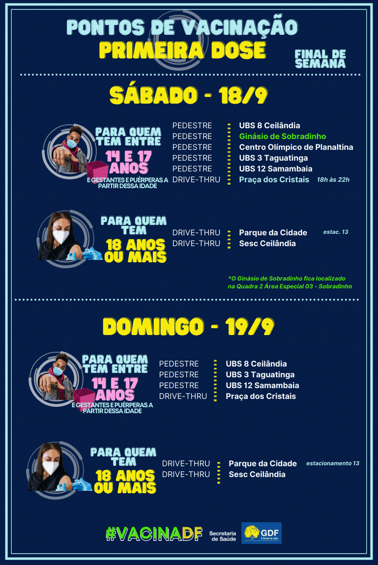 Vacinação contra covid-19 no fim de semana de 17 e 18 de setembro, no Distrito Federal