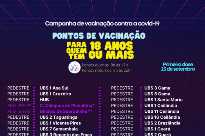 Ponto de vacinação para adultos com 18 anos ou mais nesta quinta
