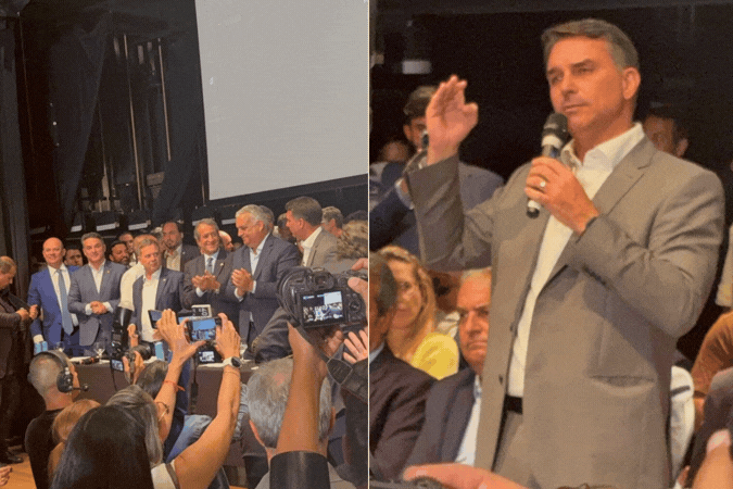 Flavio Bolsonaro e apoiadores do partido - (crédito: Raphaela Peixoto) Flavio Bolsonaro e apoiadores do partido - (crédito: Raphaela Peixoto)