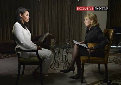 Barbara Walters interviews Los Angeles (LA) Clippers owner Donald Sterling's female companion, V. Stiviano, in Los Angeles in this handout picture taken May 2, 2014, courtesy of ABC. The audio recording of racist comments that got Los Angeles Clippers owner Sterling banned from the National Basketball Association (NBA) was made with his consent by Stiviano, the woman he criticizes on the tape for 