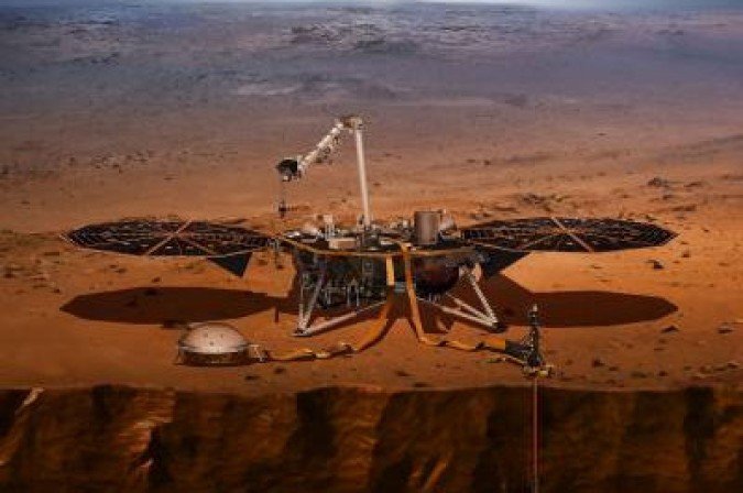(FILES) This handout file illustration obtained on April 27, 2018 courtesy of NASA shows NASA's Interior Exploration using Seismic Investigations, Geodesy and Heat Transport (InSight) which was launched on May 5, 2018 as part of NASA's first-ever mission to study the heart of Mars.   Mars is a constantly tremoring 
