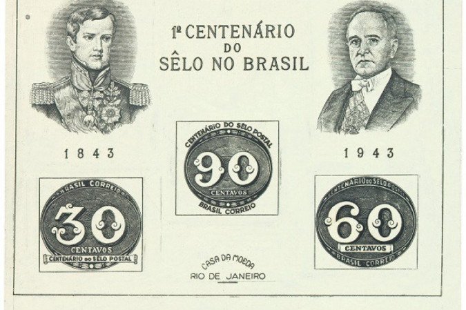 Homenagem feita no ano de 1943 à série de selos Olho de Boi, lançada 100 anos antes. - (foto: Correios/Divulgação) Homenagem feita no ano de 1943 à série de selos Olho de Boi, lançada 100 anos antes. - (foto: Correios/Divulgação)
