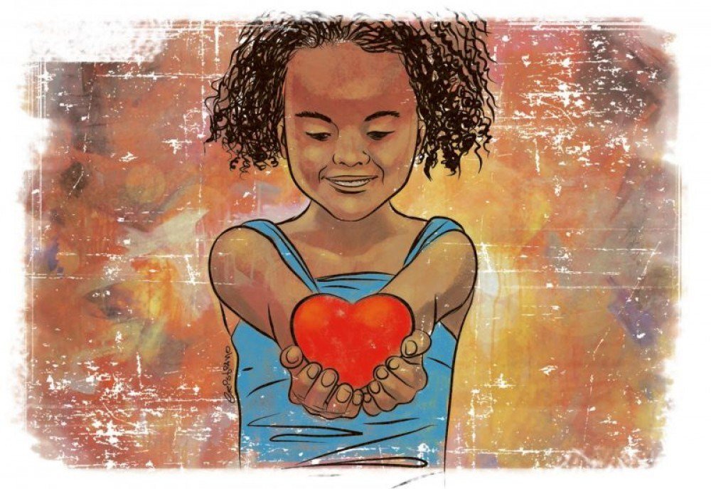 Ilustração de menina negra segurando com as duas mãos um coração vermelho. 