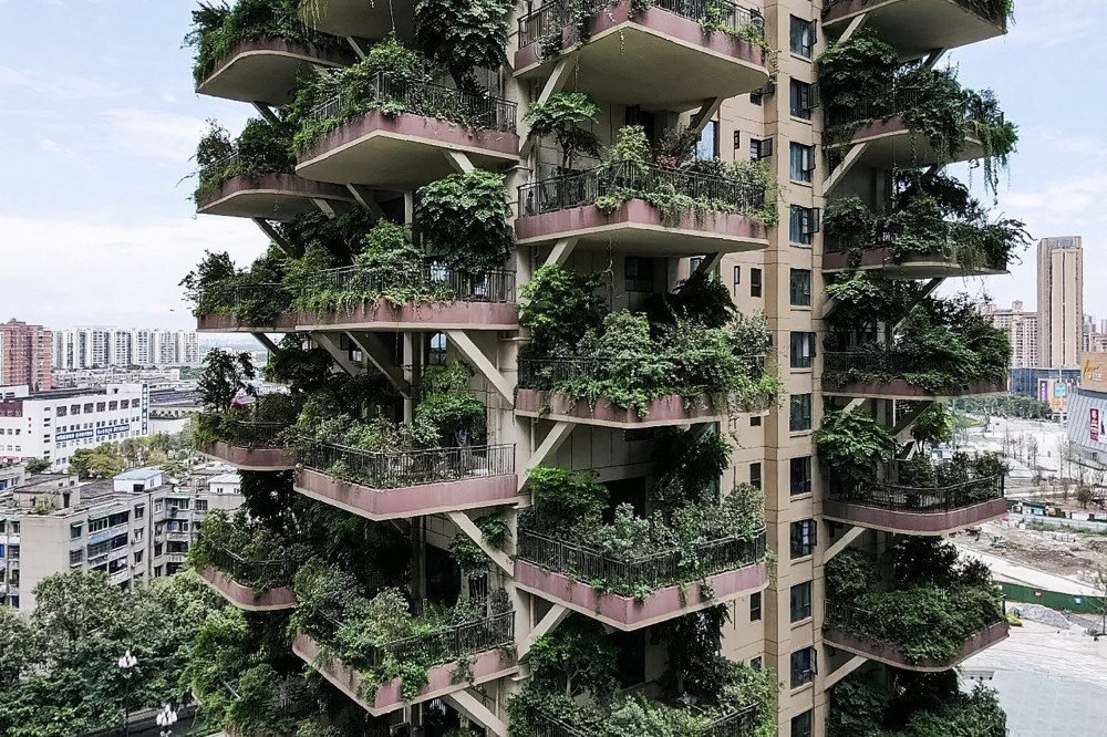 residentes olhando de uma varanda coberta de plantas em seu apartamento em uma comunidade residencial em Chengdu, na província de Sichuan, no sudoeste da China. Um projeto experimental de habitação verde na cidade de Chengdu, no sudoeste da China, parece ter sido invadido por suas próprias fábricas, com a mídia estatal relatando que apenas um punhado de compradores se mudou.