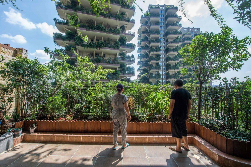 residentes olhando de uma varanda coberta de plantas em seu apartamento em uma comunidade residencial em Chengdu, na província de Sichuan, no sudoeste da China. Um projeto experimental de habitação verde na cidade de Chengdu, no sudoeste da China, parece ter sido invadido por suas próprias fábricas, com a mídia estatal relatando que apenas um punhado de compradores se mudou.