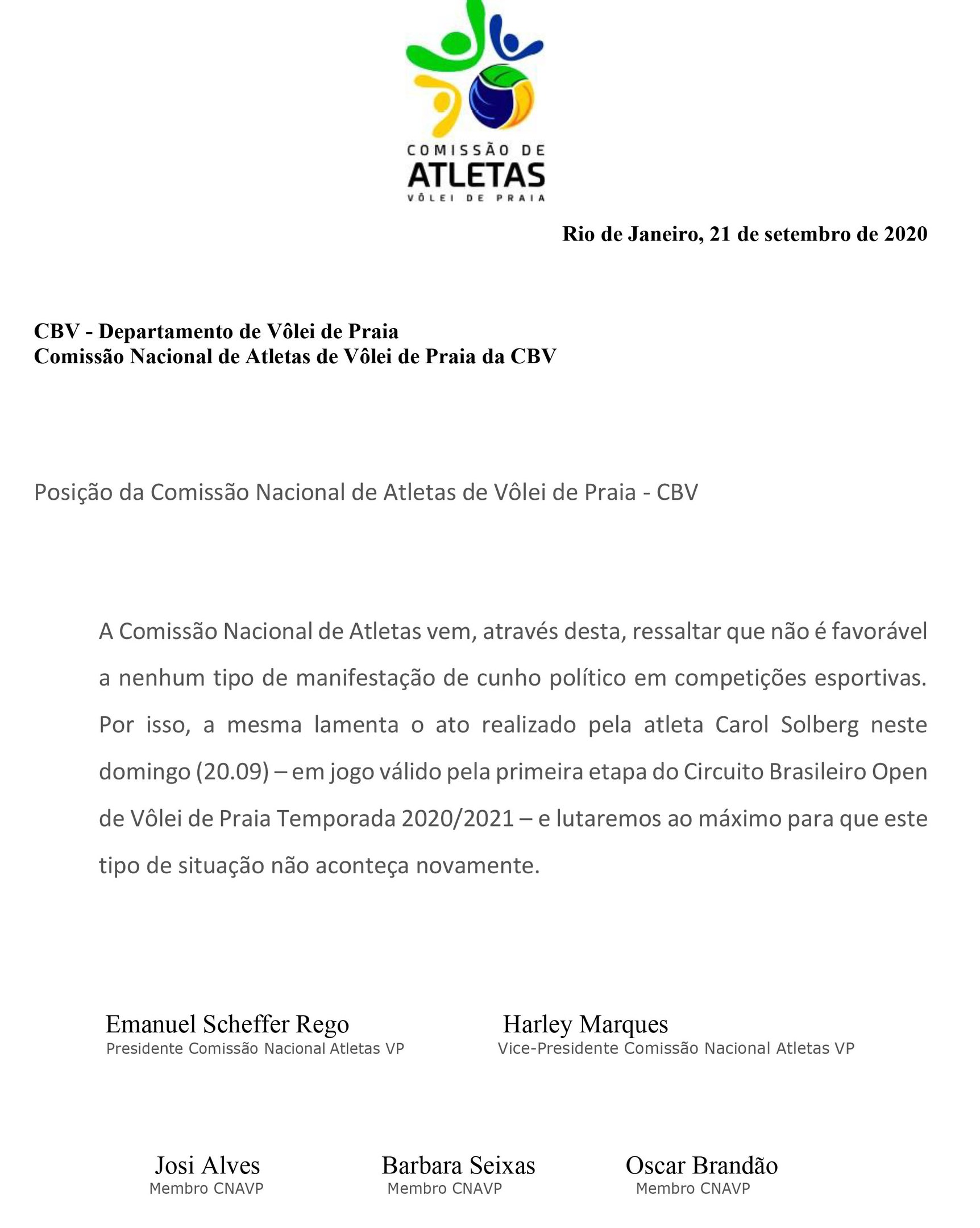 Comissão Nacional de Atletas de Vôlei de Praia se manifesta contra ato de Carol Solberg