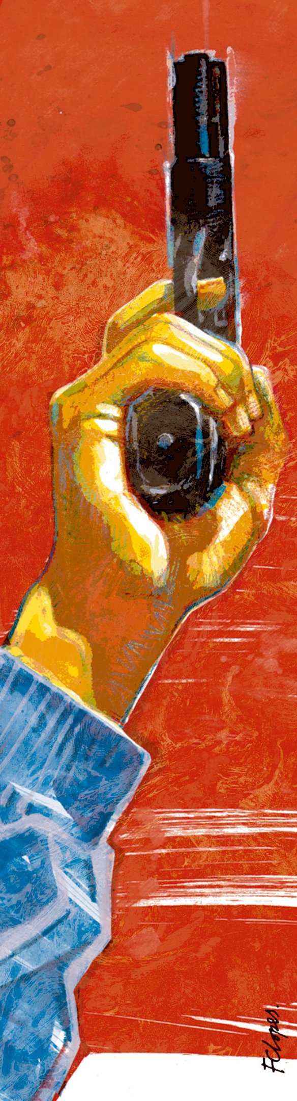 Bra&ccedil;o segura um revolver e atira para o alto