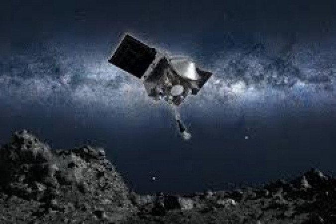 Artist's conception of NASA's Osiris-Rex spacecraft collecting a sample from the asteroid Bennu.