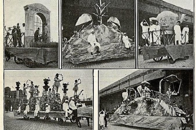 

Carros alegóricos fazem referência à gripe espanhola, no carnaval carioca de 1919