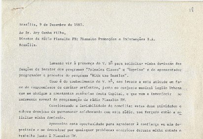 Carta de demissão de Renato Manfredini Jr. como empregado da Rádio Planalto: 
a carreira começa a deslanchar