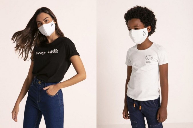 Coleção antiviral da Riachuelo, com máscaras, camisetas e calças jeans (preço sob consulta) 