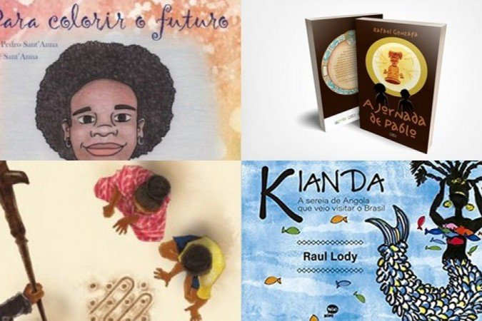 Capa dos livros 'Para colorir o futuro', 'A jornada de Pablo', 'Sona' e 'Kianda'