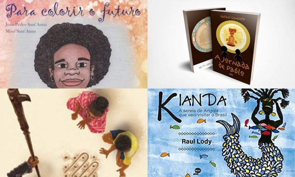 Capa dos livros 'Para colorir o futuro', 'A jornada de Pablo', 'Sona' e 'Kianda'