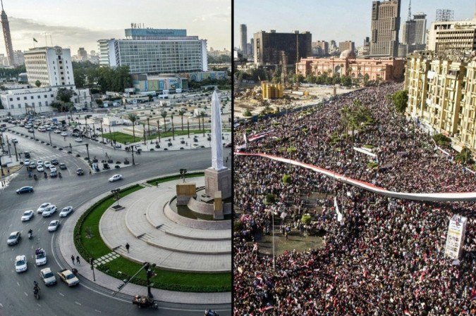 Praça Tahrir do Cairo em 11 novembro de 2020 e em 18 de fevereiro de 2011, repleta de manifestantes comemorando a destituição do ex-presidente Hosni Mubarak uma semana após os protestos massivos contra ele, que eclodiu depois que uma revolta derrubou o governante da Tunísia no que ficou conhecido como a Primavera Árabe. - (crédito: PEDRO UGARTE, Khaled DESOUKI / AFP) Praça Tahrir do Cairo em 11 novembro de 2020 e em 18 de fevereiro de 2011, repleta de manifestantes comemorando a destituição do ex-presidente Hosni Mubarak uma semana após os protestos massivos contra ele, que eclodiu depois que uma revolta derrubou o governante da Tunísia no que ficou conhecido como a Primavera Árabe. - (crédito: PEDRO UGARTE, Khaled DESOUKI / AFP)