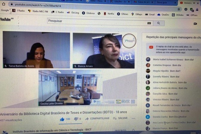 Webinar de comemora&ccedil;&atilde;o aos 18 anos da BDTD. &Agrave; direita da tela, Bianca Amaro; ao lado dela, Tain&aacute; Batista, que trabalha no Ibict; abaixo, a diretora do Ibict, Cec&iacute;lia Leite