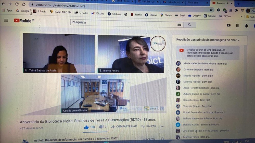 Webinar de comemora&ccedil;&atilde;o aos 18 anos da BDTD. Ao lideiro da tela, Bianca Amaro, ao lado dela, Tain&aacute; Batista, que trabalha no Ibict; abaixo, a diretora do Ibict, Cec&iacute;lia Leite