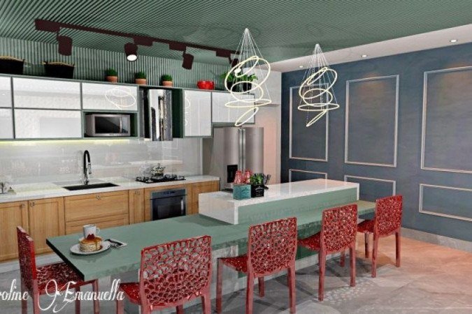 A cozinha americana, da designer de interiores Karoline Emanuella, ganhou decoração geométrica na parede, no teto e até nas luminárias