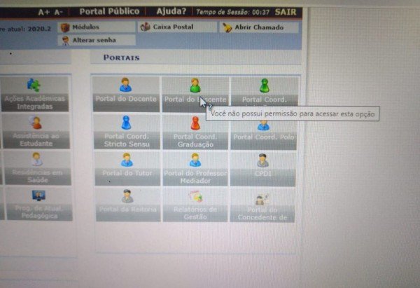 Ao abrir o sistema, o estudante Giovanni Minari se deparava com o aviso: "Você não possui permissão para acessar esta opção".