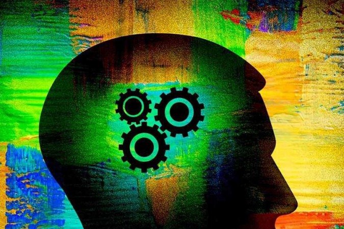 Ilustração de cabeça com engrenagens em fundo colorido