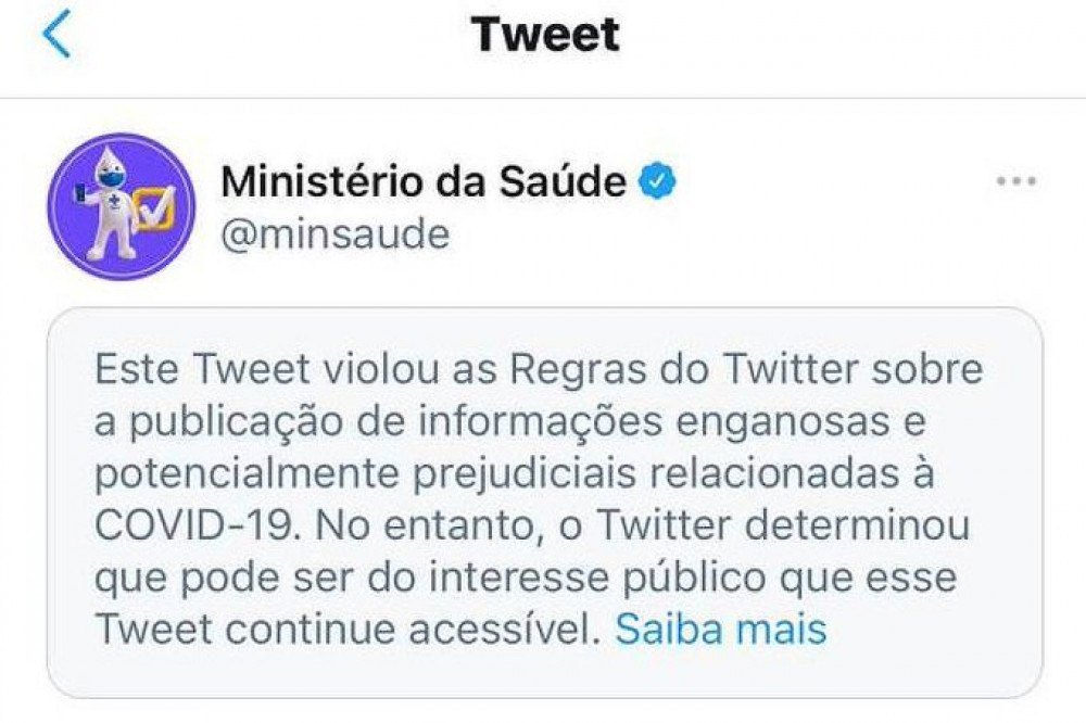 Twitter aponta publicação do Ministério da Saúde como 'enganosa'