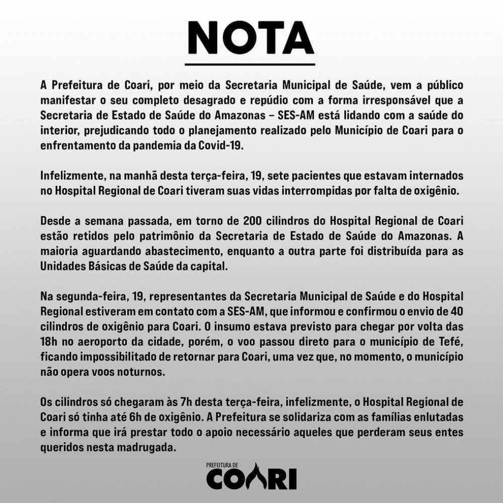 Nota divulgada pela prefeitura de Coari Nota divulgada pela prefeitura de Coari