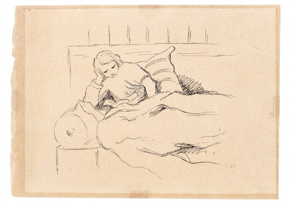 Original da ilustração Beatriz lendo IV, 1945, Tarsila do Amaral