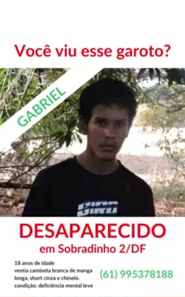 Gabriel Rocha, 18 anos, foi visto pela última vez na terça-feira (26/1). Ele tem 1,60m de altura e possui deficiência intelectual leve. 