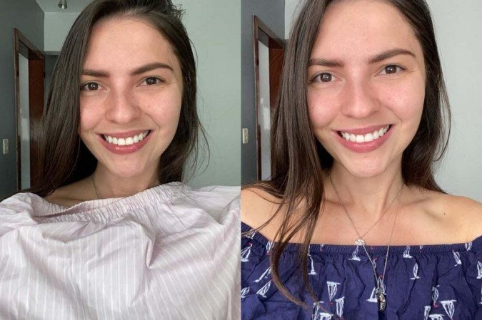 Na primeira foto, Ana está usando uma peça com cores que não a favorecem. Na segunda, após a consultoria, ela descobriu cores que favorecem o seu tom de pele, olhos e cabelo Na primeira foto, Ana está usando uma peça com cores que não a favorecem. Na segunda, após a consultoria, ela descobriu cores que favorecem o seu tom de pele, olhos e cabelo