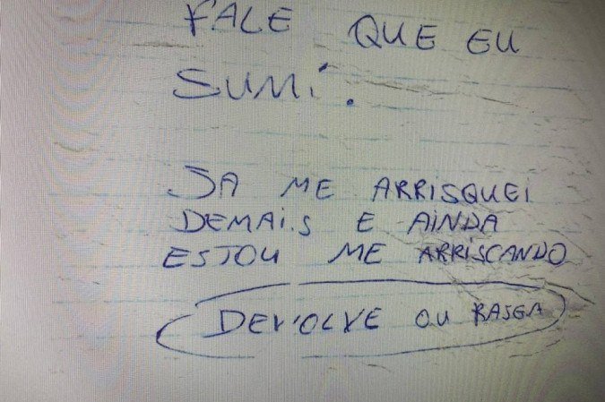 Bilhete do suspeito de pedofilia, que estava assediando uma menina de 10 anos, em Sobradinho II