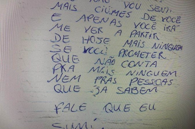 Bilhete de suspeito de pedofilia que estava assediando menina de 10 anos, em Sobradinho II.