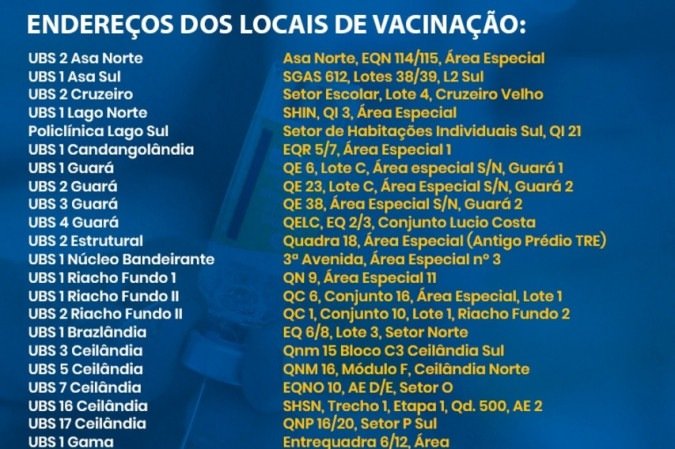 Pontos de vacina&ccedil;&atilde;o distribu&iacute;dos no Distrito Federal