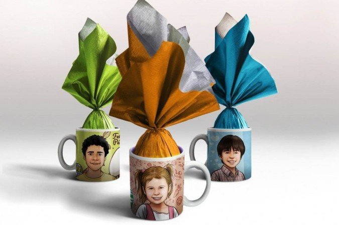 Ovos de p&aacute;scoa em canecas personalizadas, da Caricanecas. 