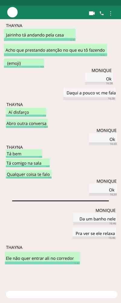 Troca de mensagens entre Monique Medeiros da Costa Silva de Almeida, mãe do menino Henry Borel, e Thayná de Oliveira Ferreira, babá da criança/ parte 5