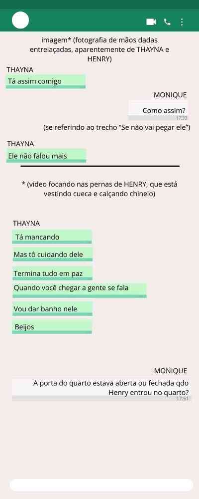 Troca de mensagens entre Monique Medeiros da Costa Silva de Almeida, mãe do menino Henry Borel, e Thayná de Oliveira Ferreira, babá da criança/ parte 8