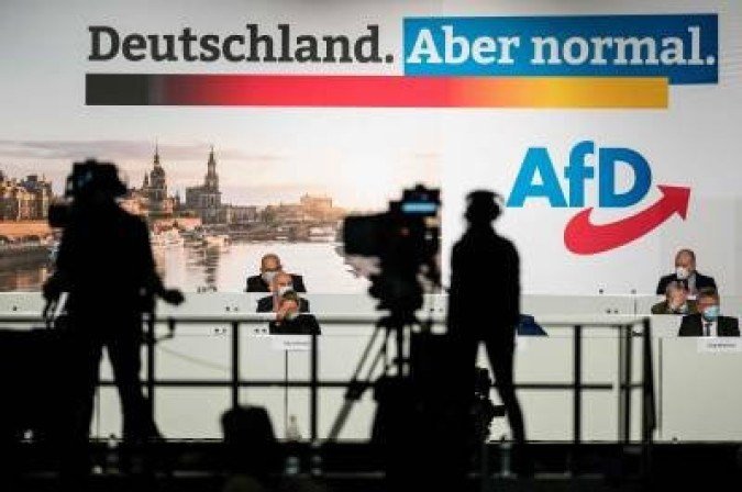 Party leaders attend the second day of the congress of far-right Alternative for Germany (AfD - Alternative fuer Deutschland) party in Dresden, eastern Germany, on April 11, 2021. The far-right AfD will firm up its election manifesto this weekend as Germany prepares for the post-Merkel era, with the party seeking to reverse a lag in support amid infighting and an ailing effort to capitalise on the pandemic. / AFP / JENS SCHLUETER