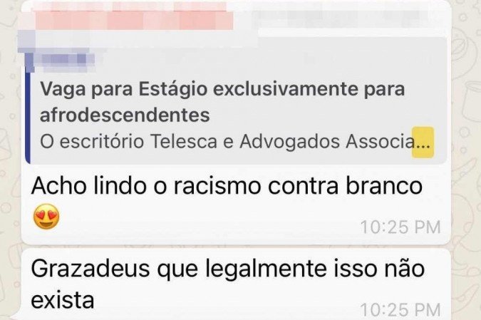 Mensagens vazadas de grupo de Whatsapp sobre suposto caso de racismo de advogados - (crédito: Material cedido ao Correio ) Mensagens vazadas de grupo de Whatsapp sobre suposto caso de racismo de advogados - (crédito: Material cedido ao Correio )