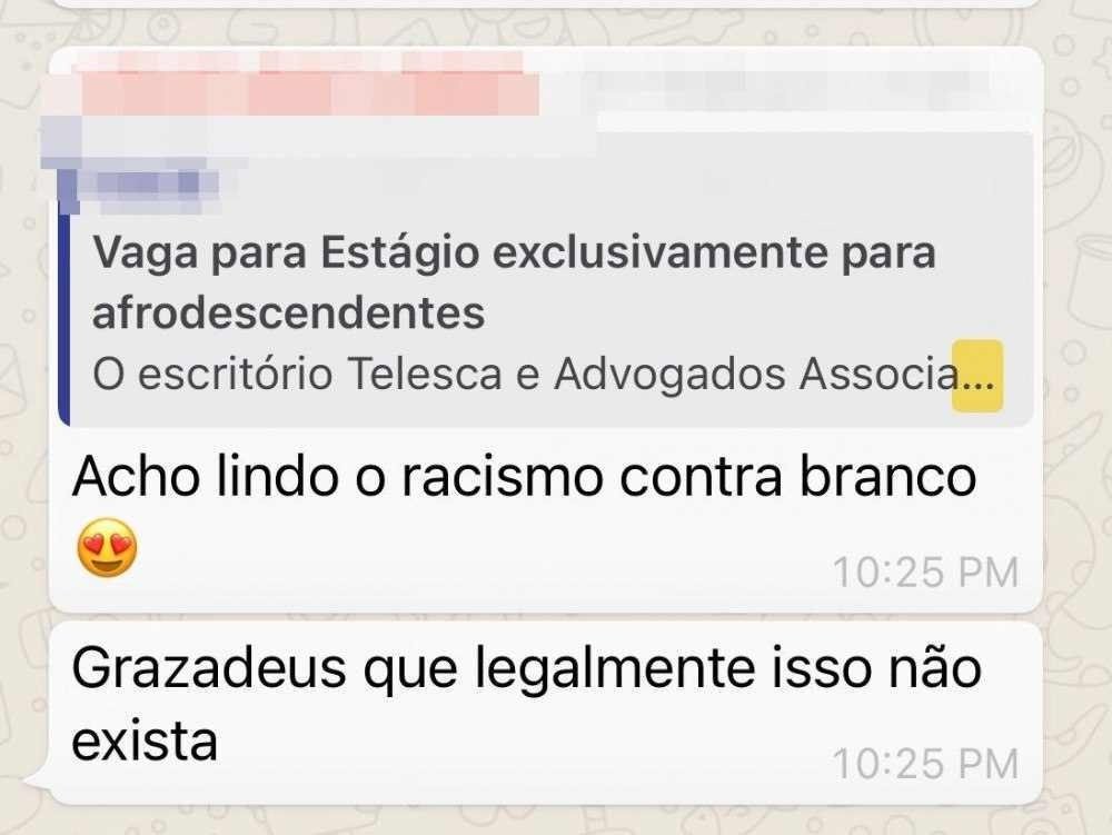 Mensagens vazadas de grupo de Whatsapp sobre suposto caso de racismo de advogados 