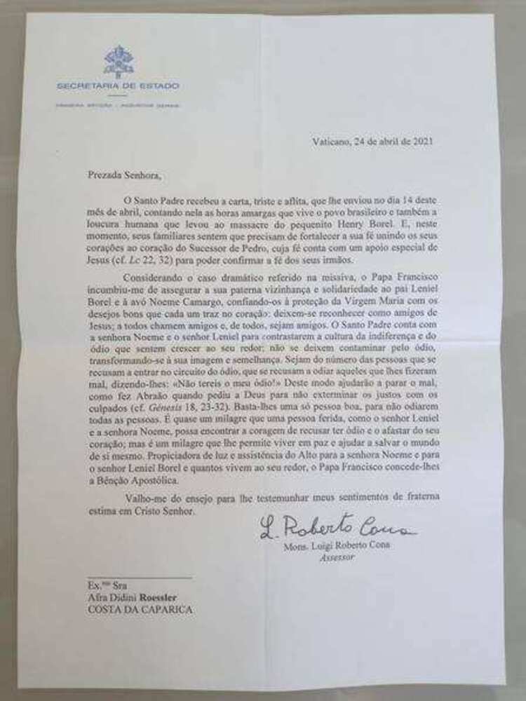Papa Francisco envia carta em solidariedade a pai de Henry Borel
