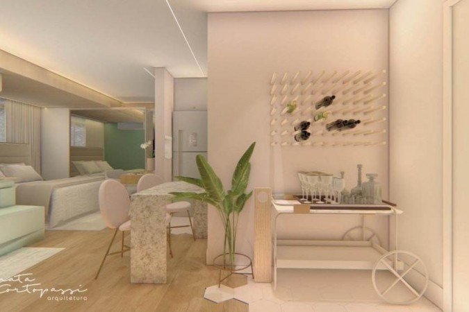 Neste cantinho, projetado por Renata Cortopassi, tem bebida alcoólica, mas pode ser substituída pelo café ou combinar as duas bebidas
