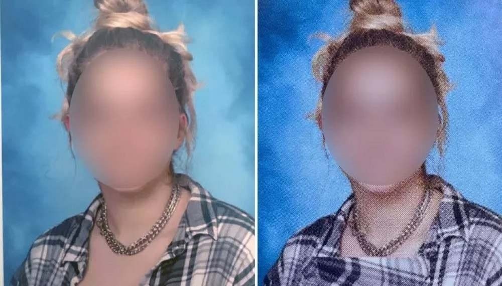 Duas fotos de uma mesma menina de cabelo loiro amarrado em um coque, o rosto delas est&aacute; borrado. Na primeira, ela est&aacute; com um colar e um casaco xadrez aberto. Na segunda, a foto foi editar para que o tecido do casaco cobrisse caixa tor&aacute;cica da menina.