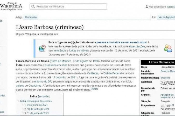 Página sobre Lázaro Barbosa na Wikipédia 
