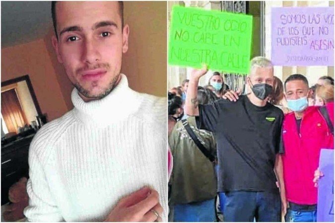 A morte de Samuel Luiz Muñiz (E) desatou uma onda de protestos contra a homofobia e a violência em várias cidades da Espanha (D) -  (crédito: Reprodução - Rubén Pillo/Divulgação)