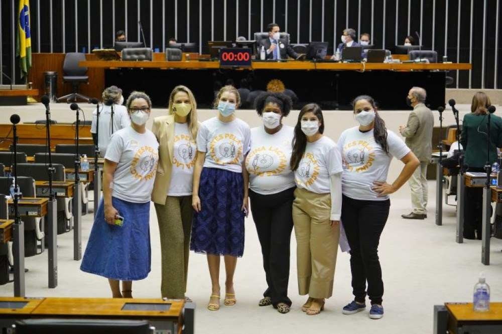 Deputadas da bancada feminina da Câmara distribuíram camisetas e adesivos para apoiar a aprovação do projeto